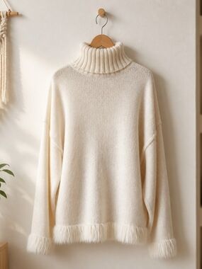 Turtleneck Fuzzy-Trim Cozy Sweater - Cream